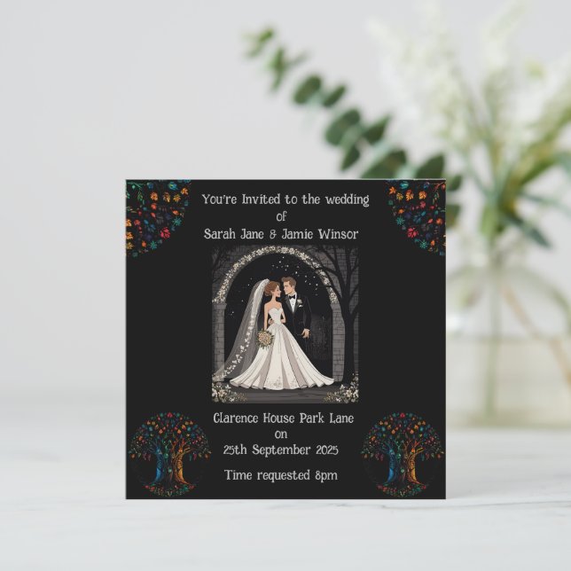 Hochzeitsszenario Personalisiert Einladende Cartoo Einladung (Stehend Vorderseite)