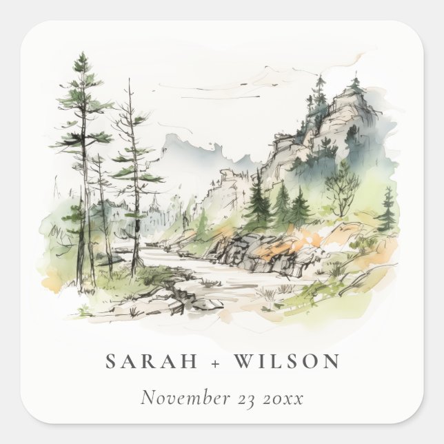 Hochzeitsszenario "Soft Woods Mountain" Quadratischer Aufkleber (Vorderseite)