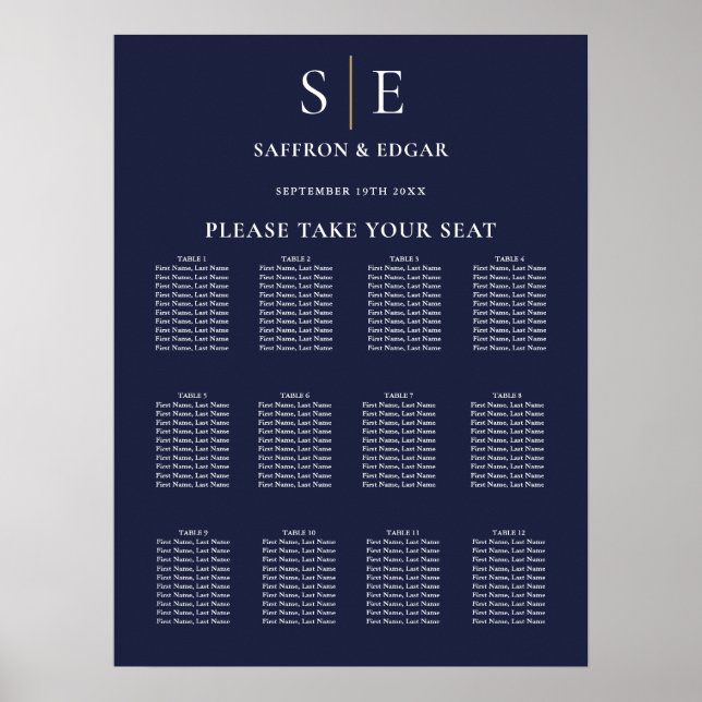 Hochzeitstabelle für Navy Blue und Gold Monogram Poster (Vorne)