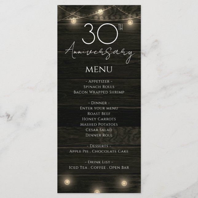 Hochzeitstag 30. Rustikales Holz und Lichter Menükarte (Vorderseite)