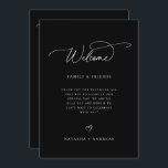 Hochzeitstag Begrüßungswochenende Programm<br><div class="desc">Moderne minimalistische Begrüßung und Wochenende Veranstaltung Timeline Programm Karte in Schwarz-Weiß. Vorlagenfunktionen,  Begrüßungsnachrichten auf der Vorder- und Wochenendreise auf der Rückseite. Die Zeitachse für Hochzeitstage umfasst Ringe,  Cocktail,  Mahlzeiten,  Kuchen,  Musiknote und Auto.</div>