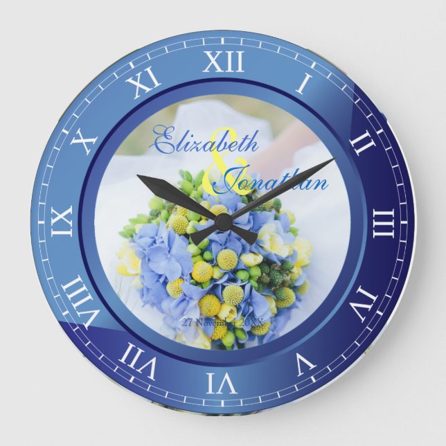 Hochzeitstag-blauer Saphir-römische Ziffern Große Wanduhr (Vorderseite)