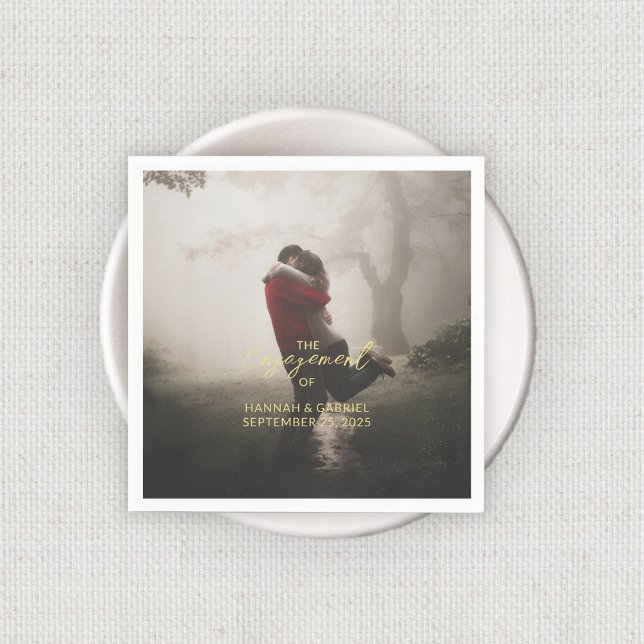 Hochzeitstag-Engagement-Partei Foto hinzufügen Serviette (Add Photo Wedding Engagement Party Napkins with gold text)