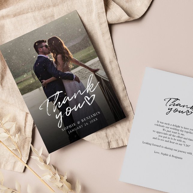 Hochzeitstag Foto Handschrift Vielen Dank Mitteilungskarte (Elegant Wedding Photo Couples Thank You Card)