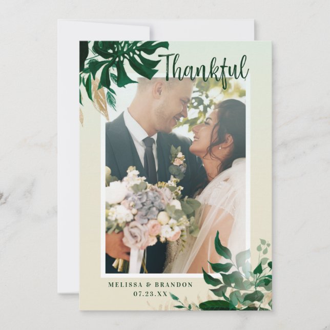 Hochzeitstag Fotografie Tropische Blätter Foto Dankeskarte (Vorderseite)