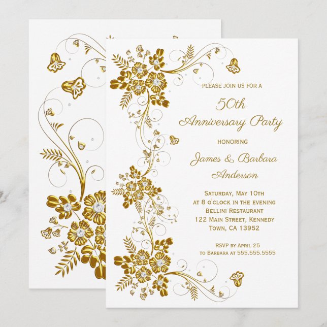 Hochzeitstag Gold Diamant blumenweiß Einladung (Vorne/Hinten)