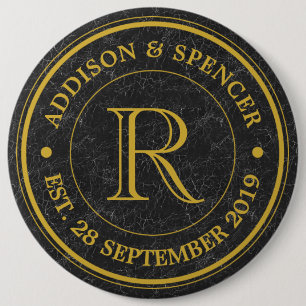 Hochzeitstag-Goldmonogramm-Schwarz-Leder Button