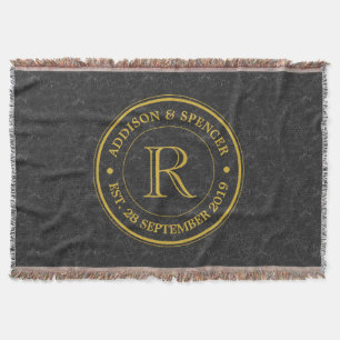 Hochzeitstag-Goldmonogramm-Schwarz-Leder Decke