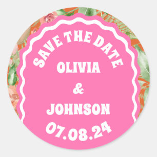 Hochzeitstag mit Blumenbogen Save the Date Orange Runder Aufkleber