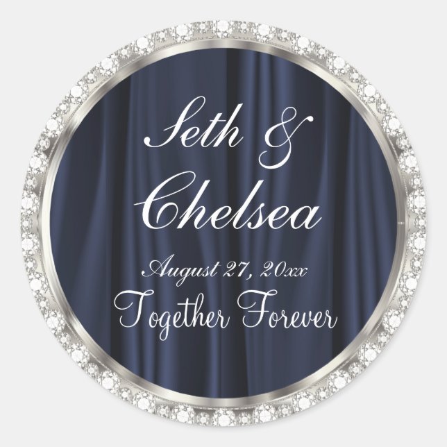 Hochzeitstag Navy Blue Satin & Imitats Diamonds Runder Aufkleber (Vorderseite)