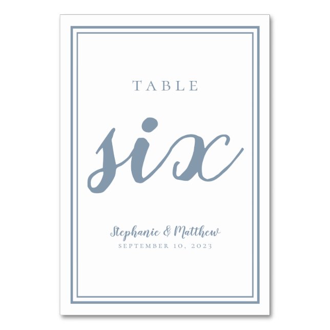 Hochzeitstag Six Modern Dusty Blue Gast Tischnummer (Vorderseite)