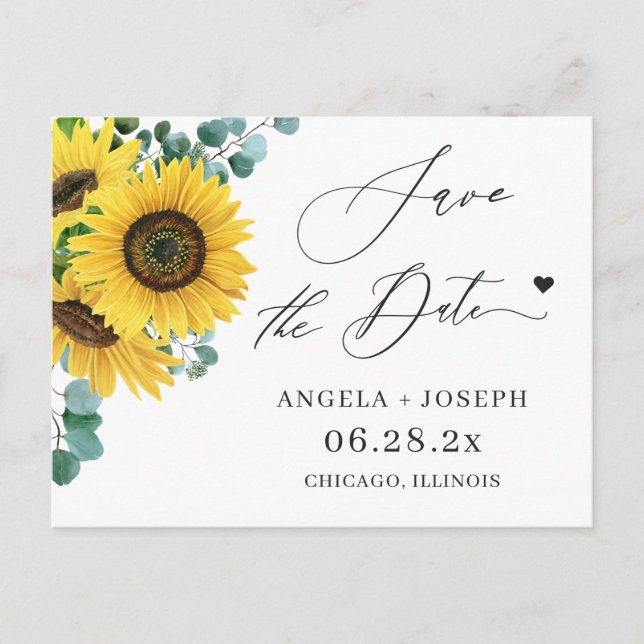 Hochzeitstag speichern Eukalyptus Sonnenblume Postkarte (Vorderseite)