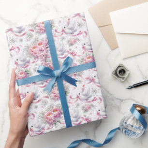 Hochzeitstauben mit rosa Pfingstrosen und Bändern Geschenkpapier