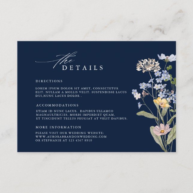 Hochzeitstempel für Hochzeiten von Navy-Wildblumen Begleitkarte (Vorderseite)