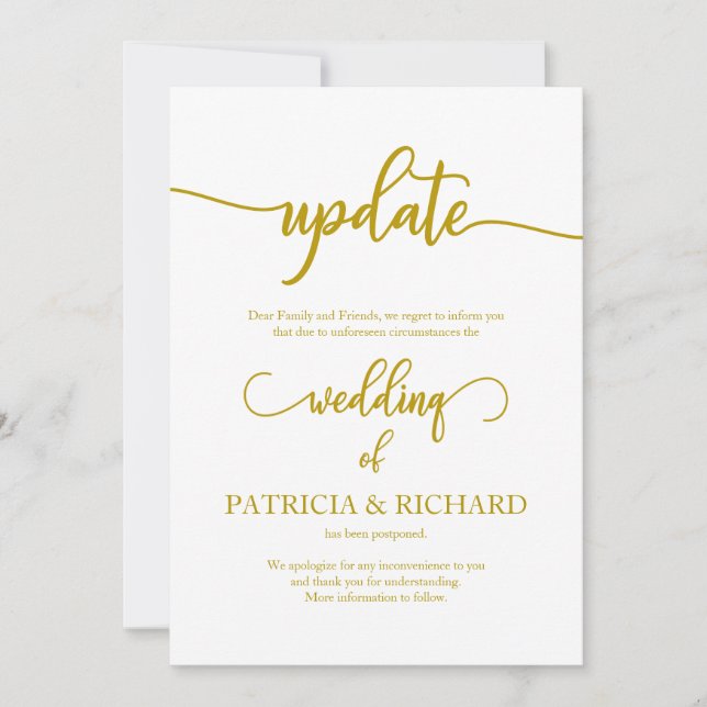 Hochzeitstermin - Aufschub-Update Elegantes Gold Einladung (Vorderseite)