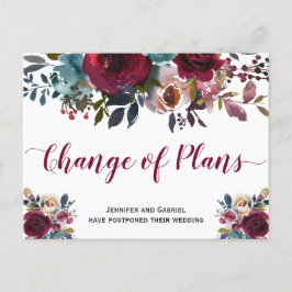 Hochzeitstermin verschoben Burgundy Navy Floral Ankündigungspostkarte