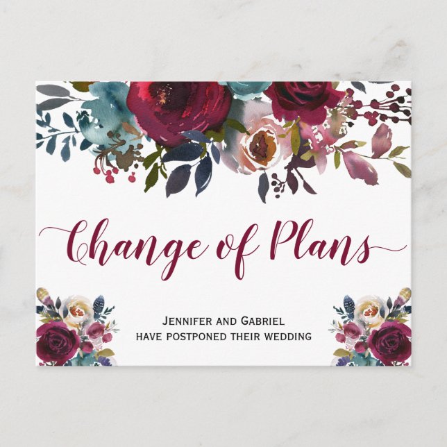 Hochzeitstermin verschoben Burgundy Navy Floral Ankündigungspostkarte (Vorderseite)