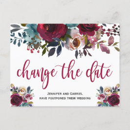 Hochzeitstermin verschoben Burgundy Navy Floral Ankündigungspostkarte