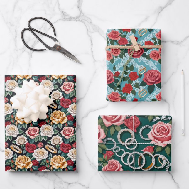 Hochzeitsthema mit Rose und Hochzeitsrennen Geschenkpapier Set (Vorderseite)
