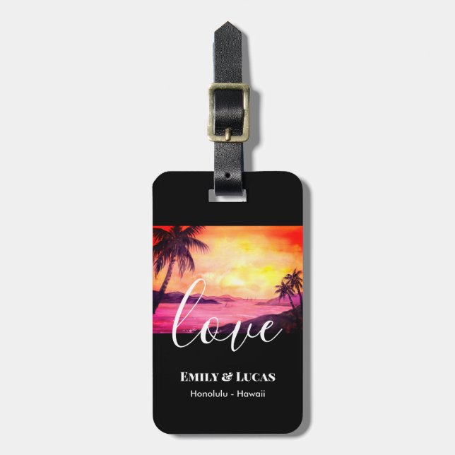 Hochzeitsthema Tropical Beach Sunset Watercolor Gepäckanhänger (Vorderseite vertikal)