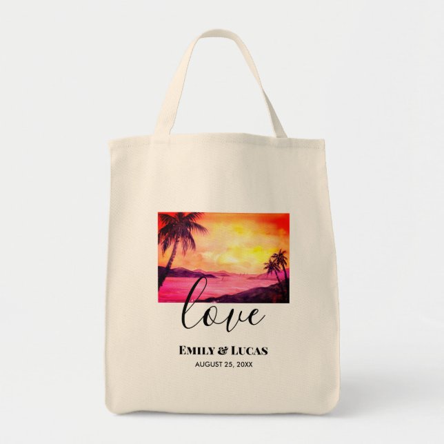 Hochzeitsthema Tropical Beach Sunset Watercolor Tragetasche (Vorne)