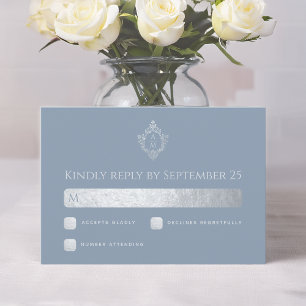 Hochzeitstich Wappen Dusty Blue Monogram Imitate S RSVP Karte