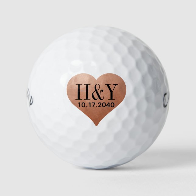 Hochzeitstichtag Monogramm Datum Kupferherz Golfball (Vorderseite)