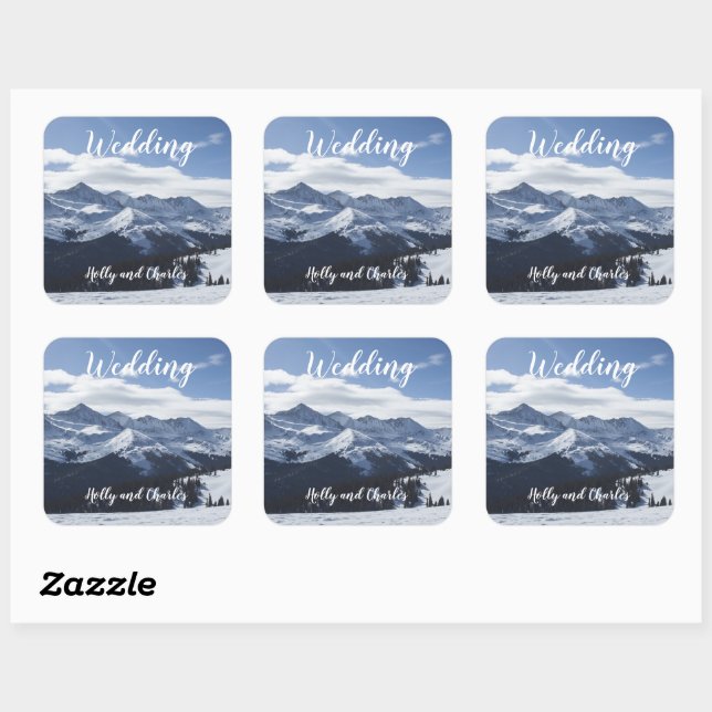 Hochzeitsticker. Atmosphärische Schneeberge Quadratischer Aufkleber (Blatt)