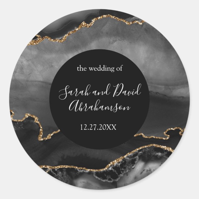 Hochzeitsticker Black and Gold Glitzer Agate Runder Aufkleber (Vorderseite)