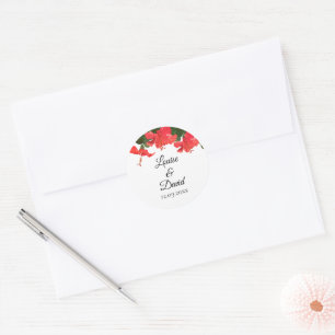 Hochzeitsticker mit hellrotem Hibiskus Runder Aufkleber