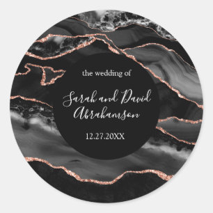 Hochzeitsticker Schwarz und Rose Gold Glitzer Agat Runder Aufkleber