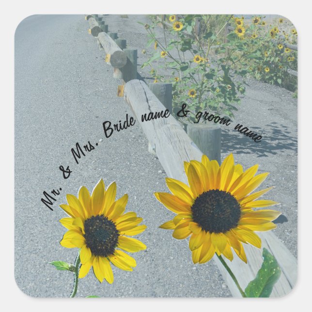 Hochzeitsticker Sonnenblumen lässige Bergstrasse Quadratischer Aufkleber (Vorderseite)
