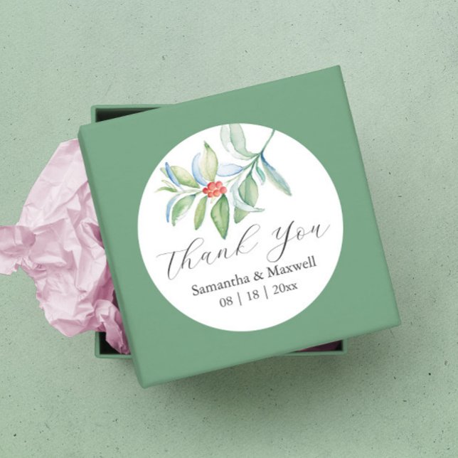 Hochzeitsticker Vielen Dank für einfache Weihnacht Runder Aufkleber (Wedding sticker for favors Christmas botanical watercolor art by Victoria Grigaliunas)