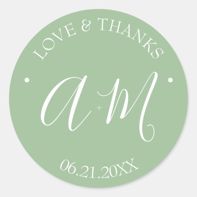 Hochzeitsticker Vorlage Grünes Monogramm Runder Aufkleber (Vorderseite)