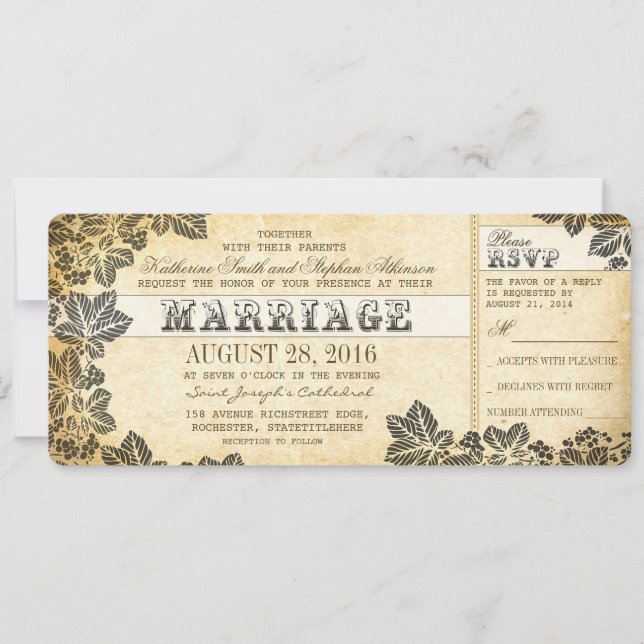 Hochzeitstickets für Jahrgänge mit eleganten Schnö Einladung (Vorderseite)