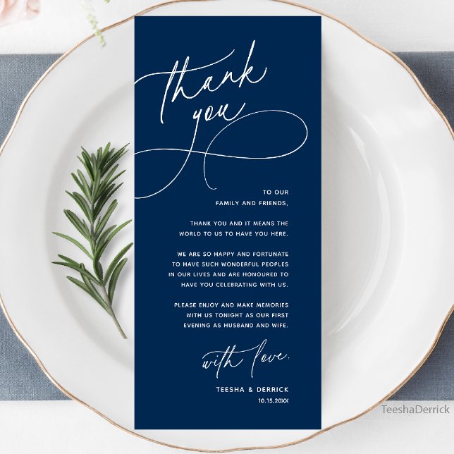Hochzeitstisch Danke Elegante Empfangskarte Programm (Wedding Table Thank You Elegant Reception Dinner Card in navy blue)