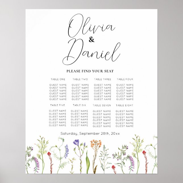 Hochzeitstisch für 8 Wildblumen Blumenbeete Poster (Vorne)