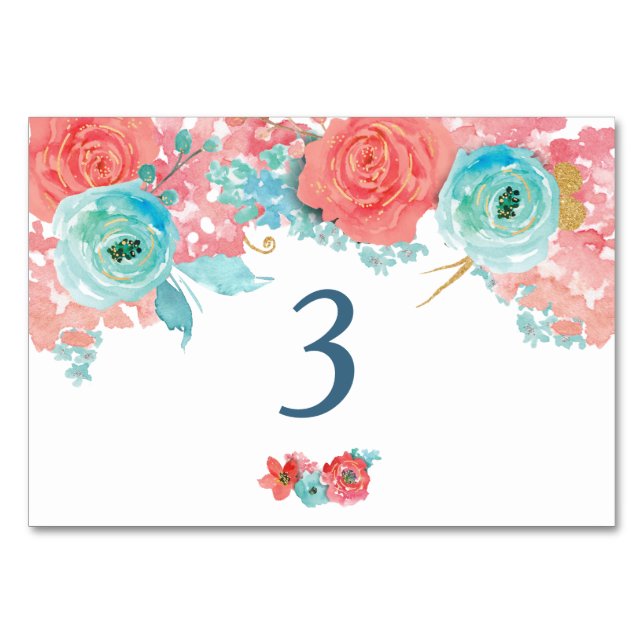 Hochzeitstisch für Korallenrosa und Aqua Tischnummer (Vorderseite)