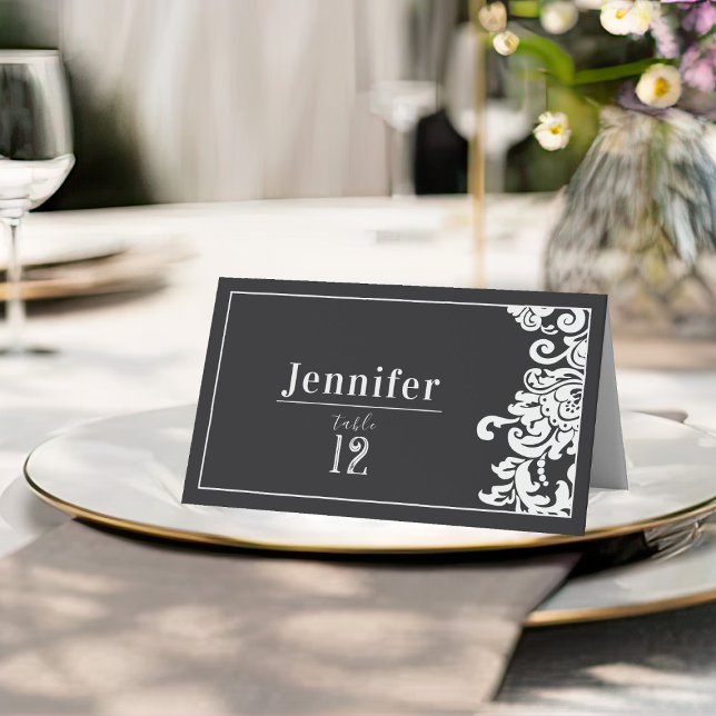 Hochzeitstisch für moderne Schwarz-Weiß-Damast Platzkarte (modern and elegant black and white floral damask wedding name card seating place card)