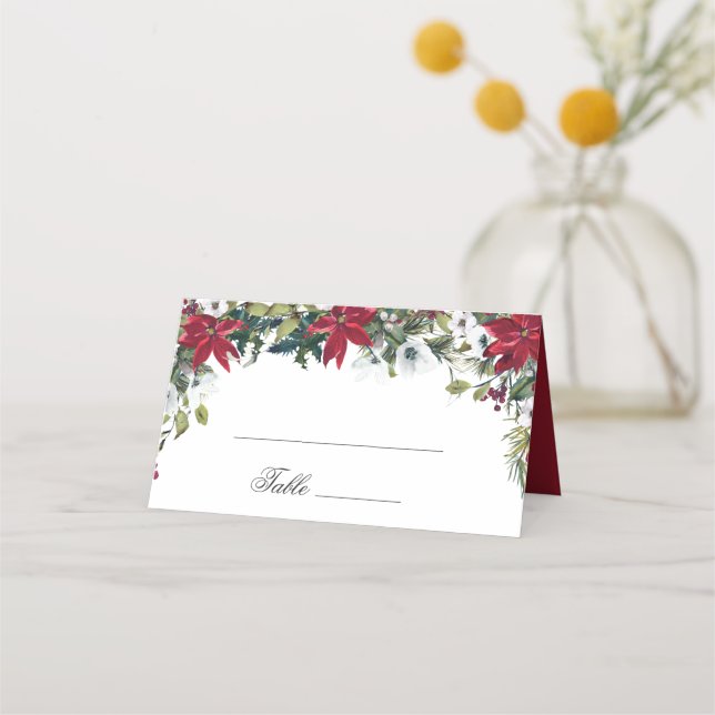 Hochzeitstisch für Rote Poinsettia Wasserfarben Platzkarte (Vorderseite)