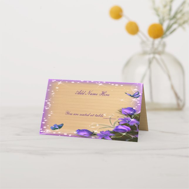 Hochzeitstisch für Rustikal-Holz-Lila-Blütenschmet Platzkarte (Vorderseite)