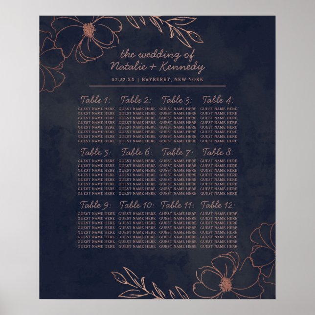 Hochzeitstisch-Seekarte für Navy Blue & Rose Gold Poster (Vorne)
