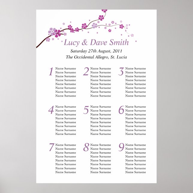 Hochzeitstisch-Sitzplan für lila Blume Poster (Vorne)