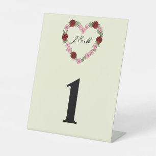 Hochzeitstischnummern - Cremige Blumenherzen Sockelschild