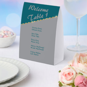 Hochzeitstischnummern mit Gästennamen Türkis Grau Tischaufsteller