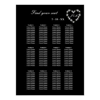 Hochzeitstischplan schwarz und weiß 12 Tische Poster
