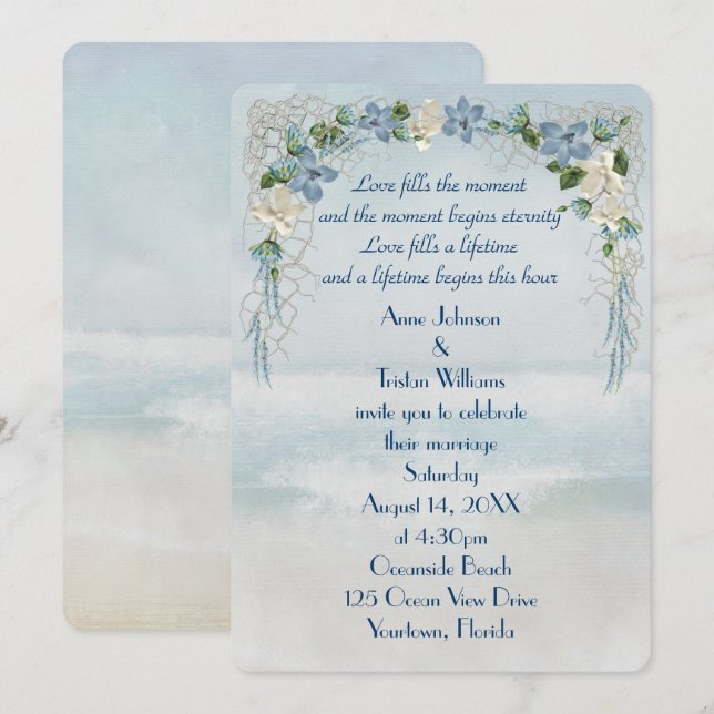 Hochzeitstorch Blume auf Wasserfarbe des Ozeans Einladung (Vorne/Hinten)