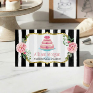Hochzeitstorte Design Gold Rosa Blütenstreifen Visitenkarte