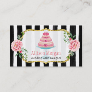 Hochzeitstorte Design Gold Rosa Blütenstreifen Visitenkarte