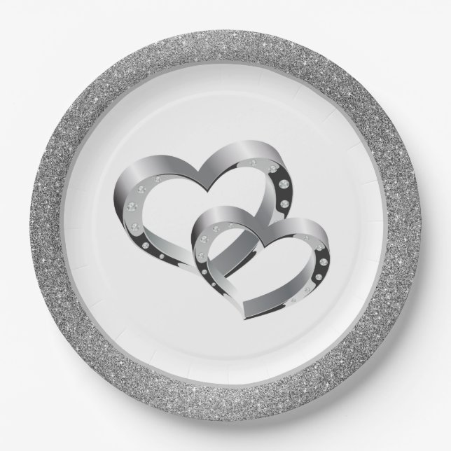 Hochzeitstorte SLVR Glitzer 9" Papier Teller - Zwe (Vorderseite)